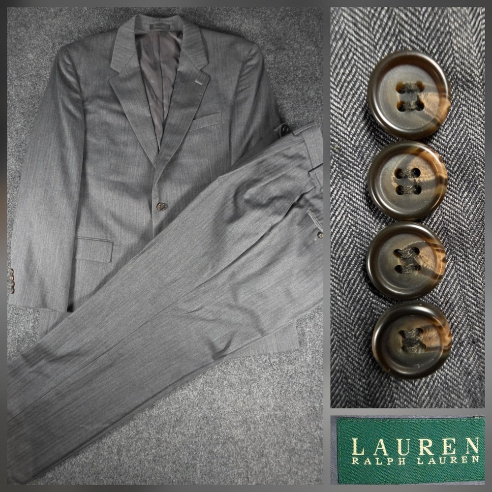 Lauren Ralph Lauren Herringbone 100% Wool 2-Piece Suit Men 42L 35Wx31L Grey